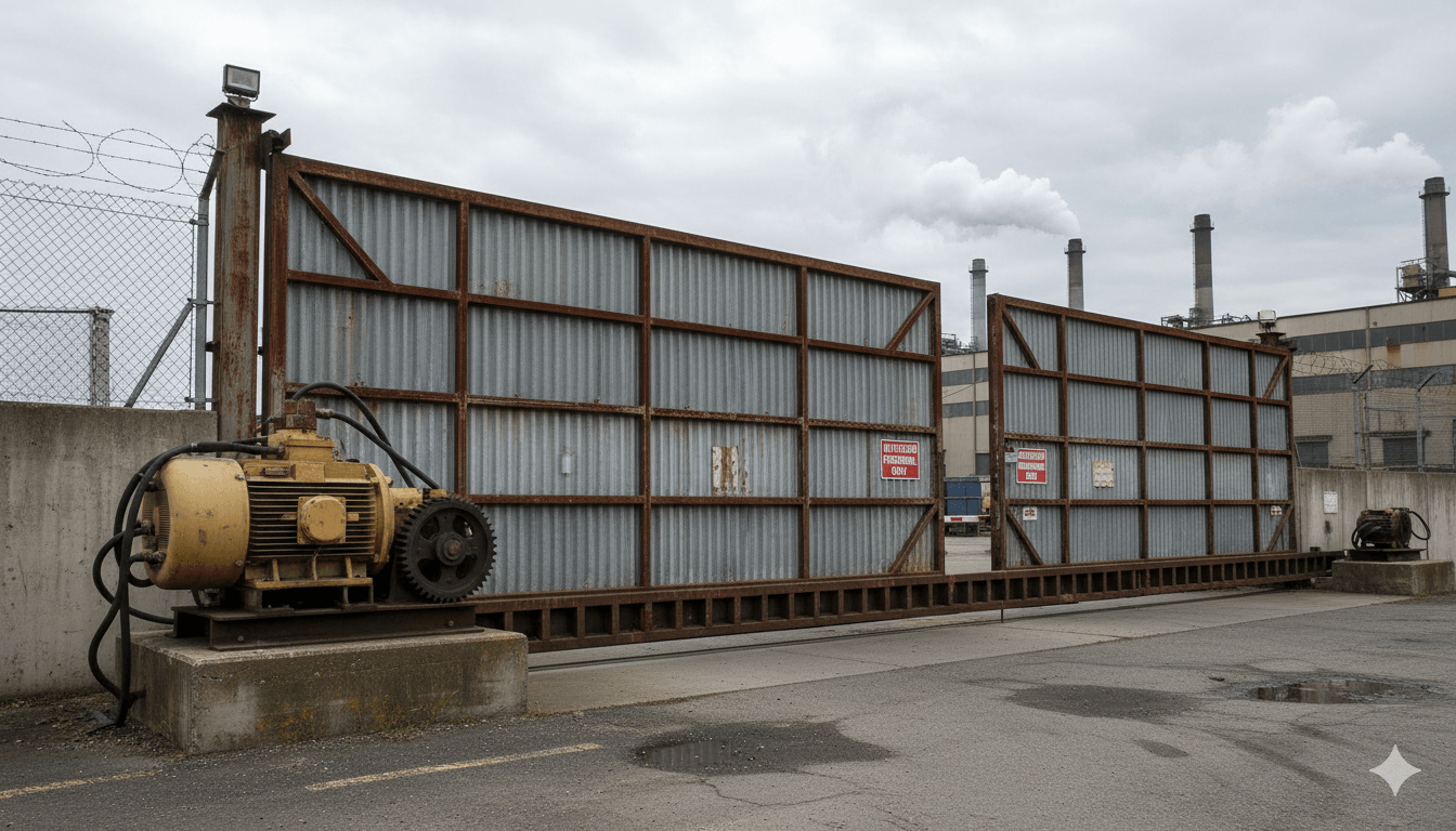 Large industrial factory gate with heavy sliding motor